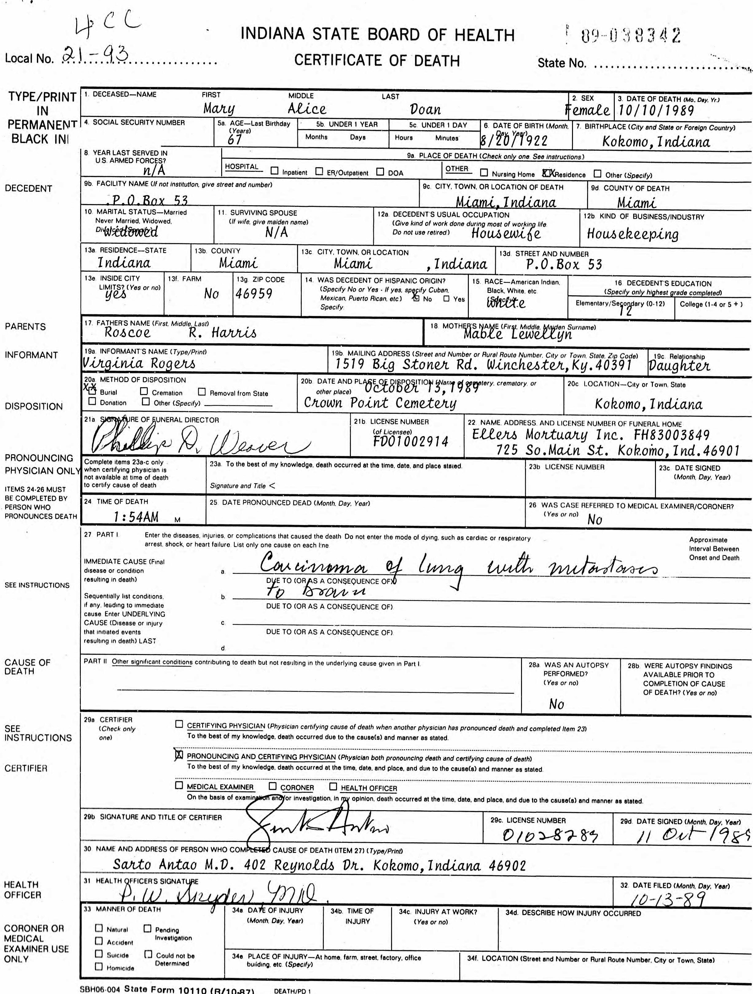 Death Certificate for Mary Alice Doan